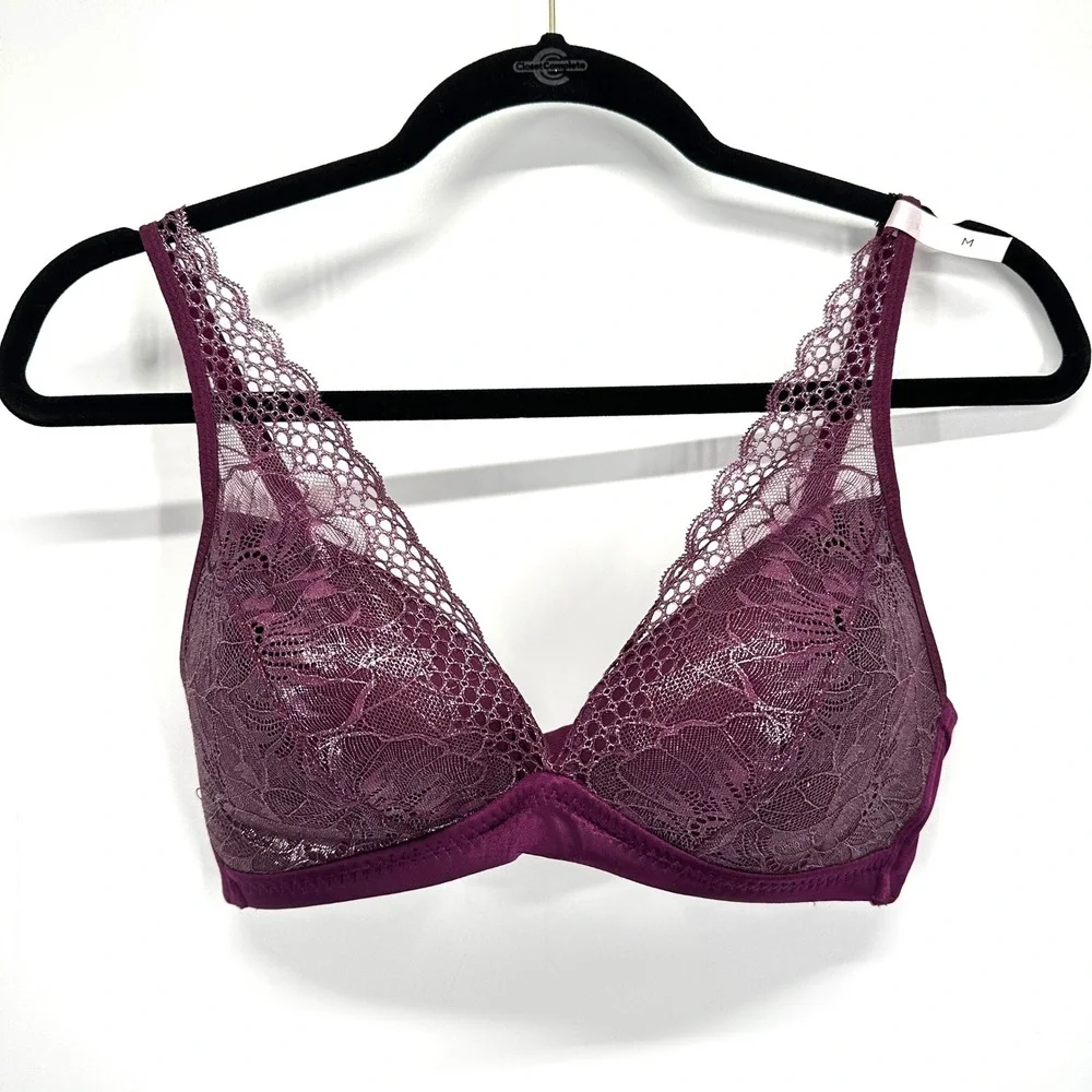 Ambrielle Full Coverage Lace Wireless Bra Size M Plum Purple Floral Comfort